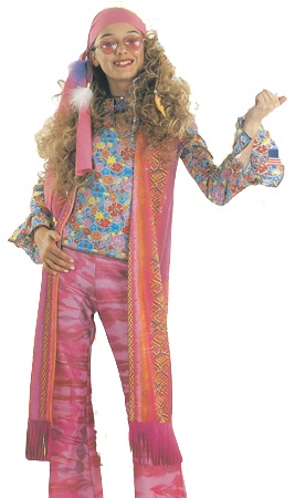 hippiedame roze - Willaert, verkleedkledij, carnavalkledij, carnavaloutfit, feestkledij, jaren 60 , r&r, sixties, hippie, flowerpower